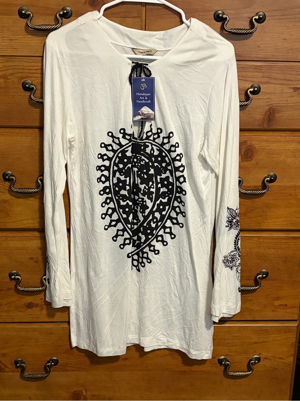 Women's White Long-Sleeve Tunic with Black Paisley Print